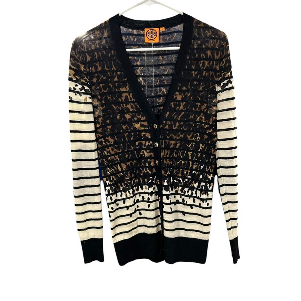 Tory Burch Wool Striped Leopard Print Alexandra Cardigan Size Small